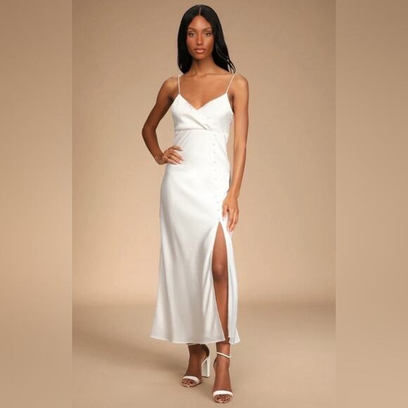 Lulus Satin White Midi Dress With Button Detail, Bridal, Wedding - Size XL - Picture 1 of 4
